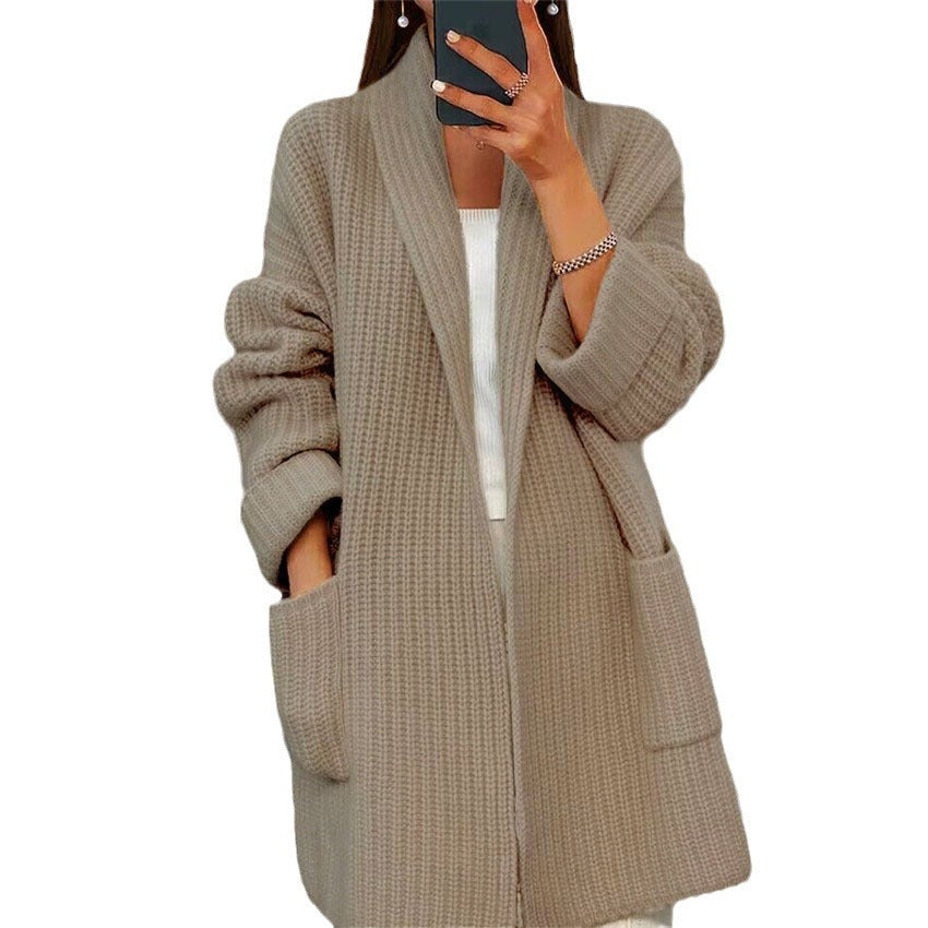 Lapel Knitted Cardigan with Pockets Fashion Casual Loose Sweater Jacket Fall Spring Women'S Clothing