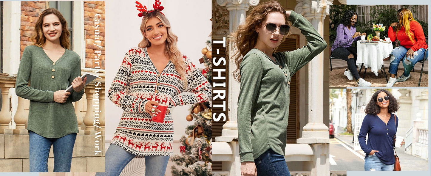 V-Neck T Shirts for Women Casual Long Sleeve Tunic Tops Curve Hem Fall Button Shirts