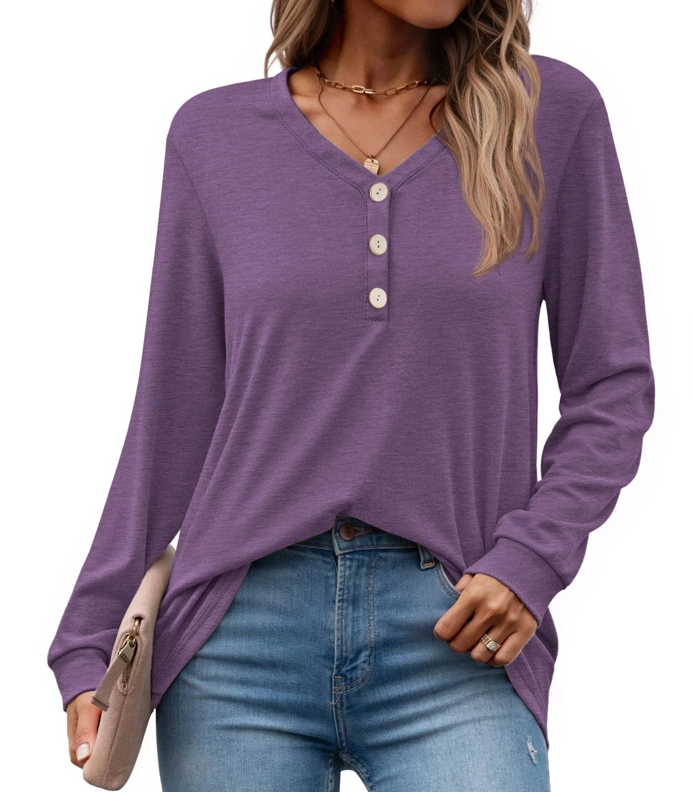 V-Neck T Shirts for Women Casual Long Sleeve Tunic Tops Curve Hem Fall Button Shirts