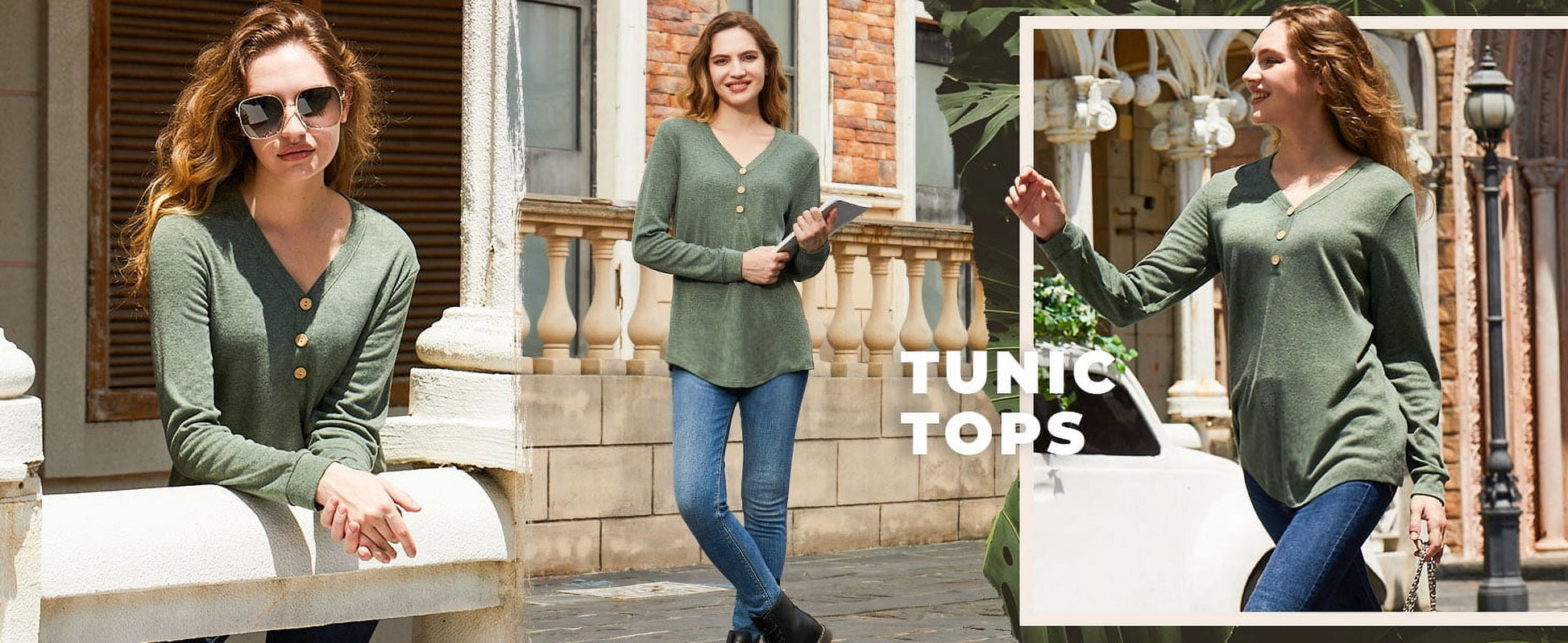 V-Neck T Shirts for Women Casual Long Sleeve Tunic Tops Curve Hem Fall Button Shirts