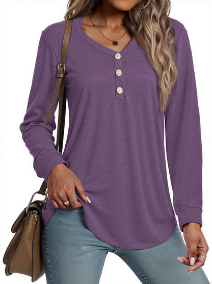 V-Neck T Shirts for Women Casual Long Sleeve Tunic Tops Curve Hem Fall Button Shirts