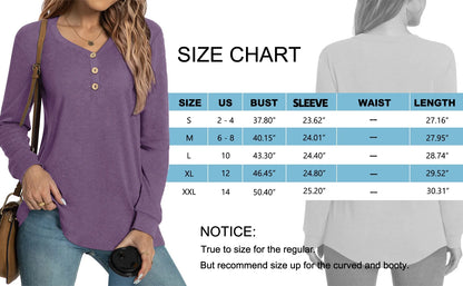 V-Neck T Shirts for Women Casual Long Sleeve Tunic Tops Curve Hem Fall Button Shirts