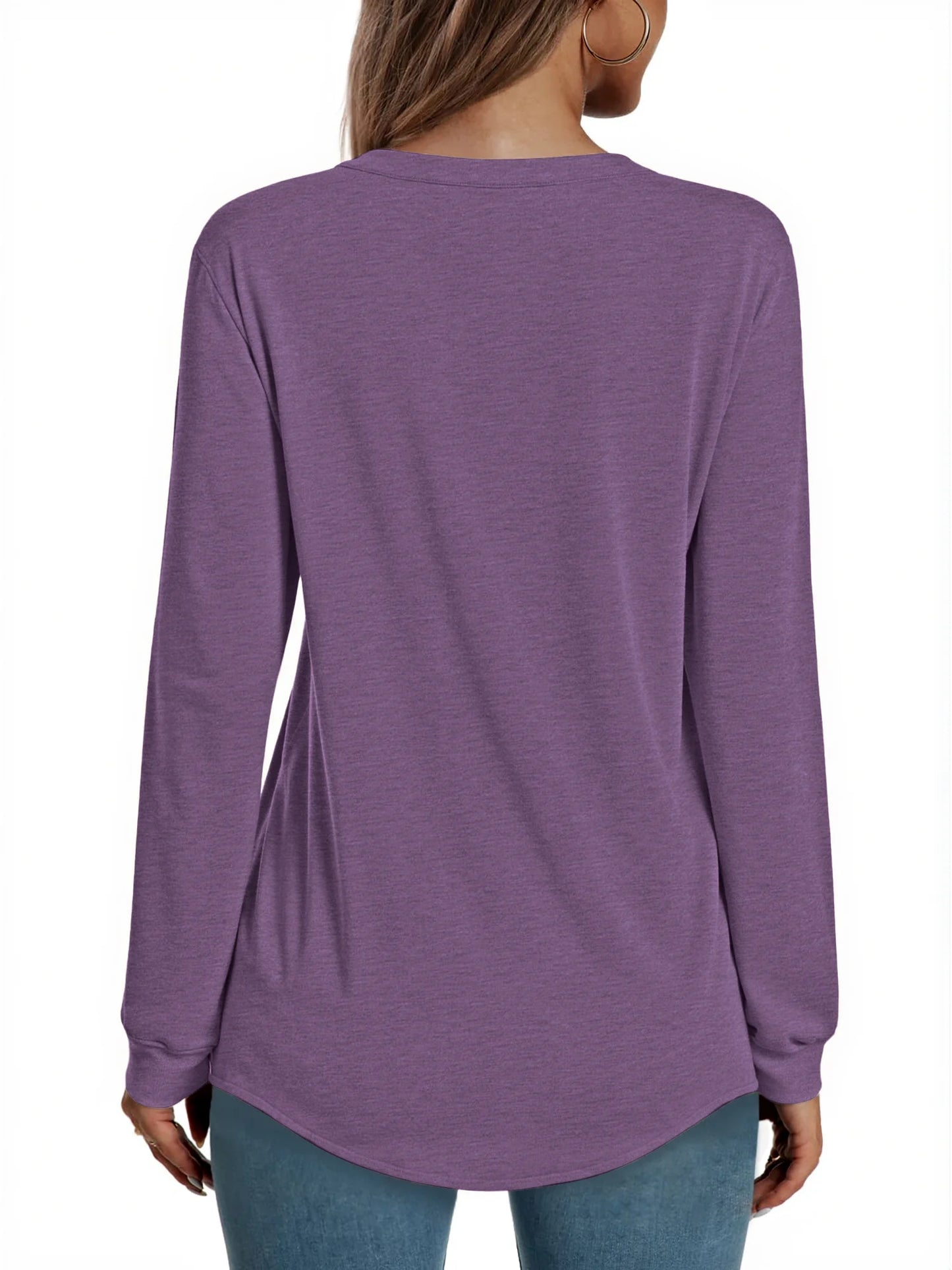 V-Neck T Shirts for Women Casual Long Sleeve Tunic Tops Curve Hem Fall Button Shirts