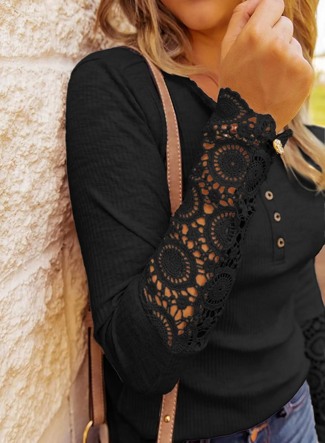 Womens Fall Clothes Long Sleeves Tunic Lace Sleeve V Neck Buttons Shirts Casual Slim Fit Blouses