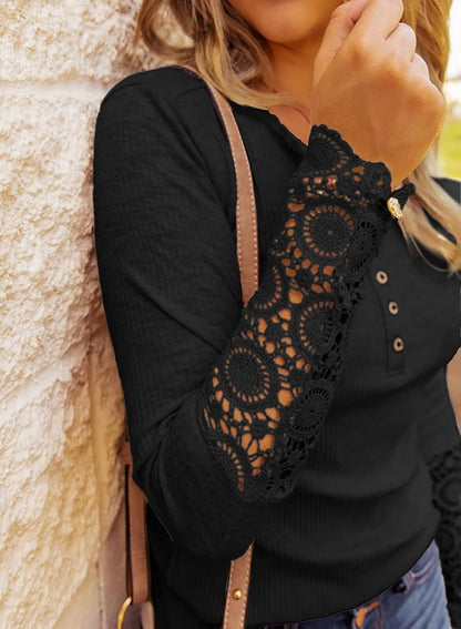 Womens Fall Clothes Long Sleeves Tunic Lace Sleeve V Neck Buttons Shirts Casual Slim Fit Blouses