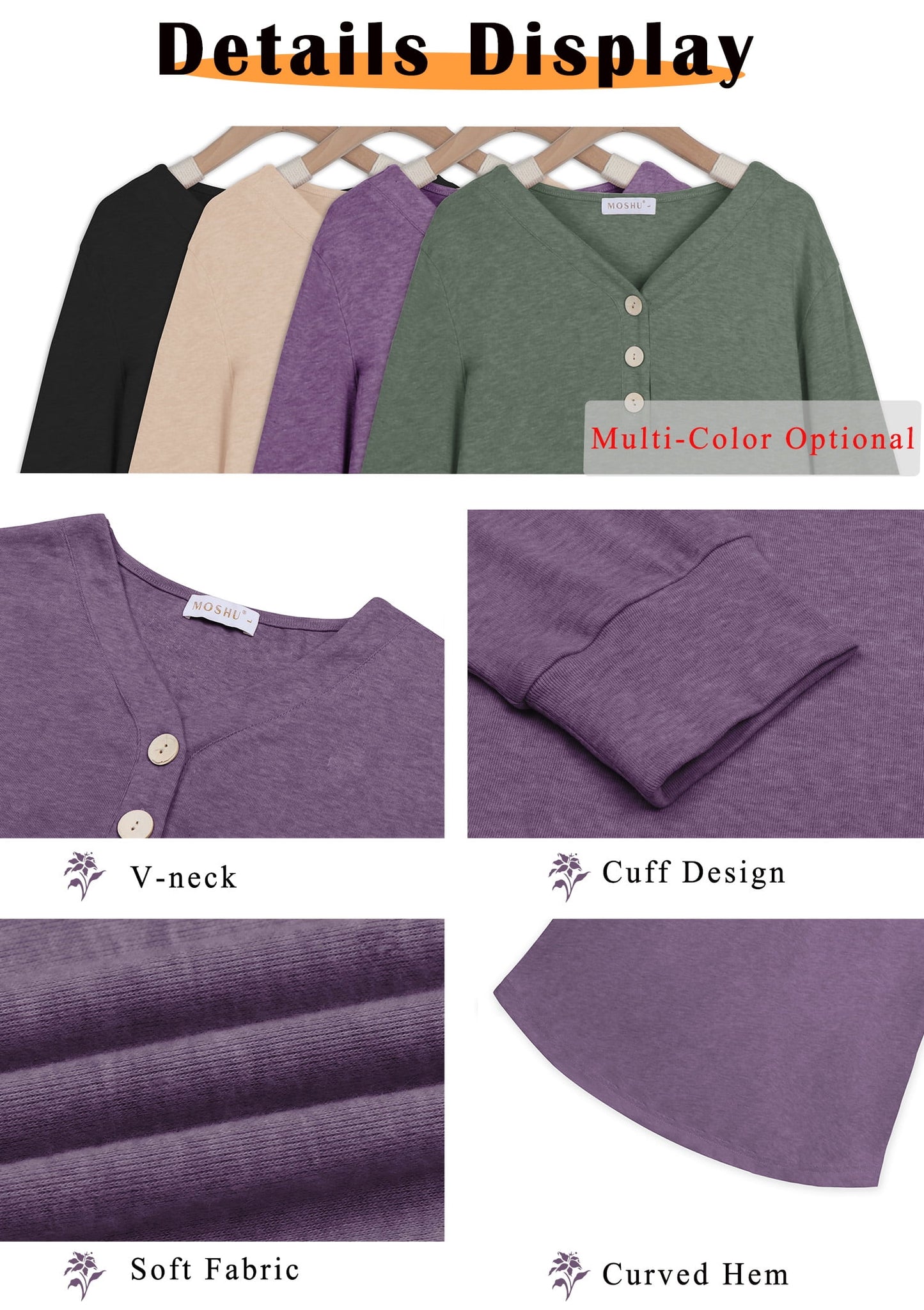 V-Neck T Shirts for Women Casual Long Sleeve Tunic Tops Curve Hem Fall Button Shirts