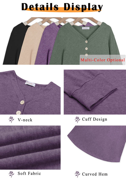 V-Neck T Shirts for Women Casual Long Sleeve Tunic Tops Curve Hem Fall Button Shirts