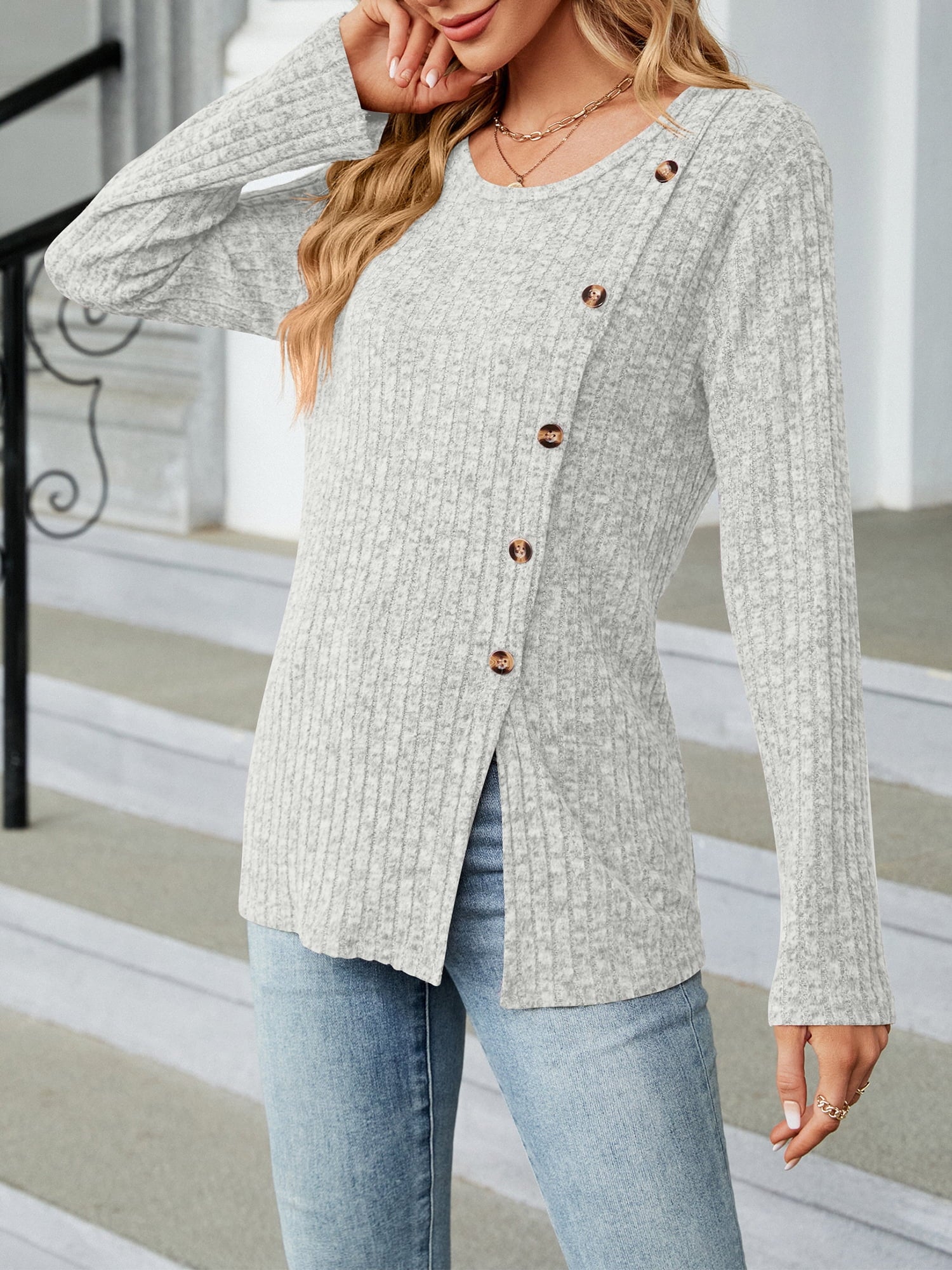 Women Tops plus Size Fall Casual Long Sleeve Knit Tunic Tops Crewneck Side Split Trendy Side Button Shirts for Women Size XXL