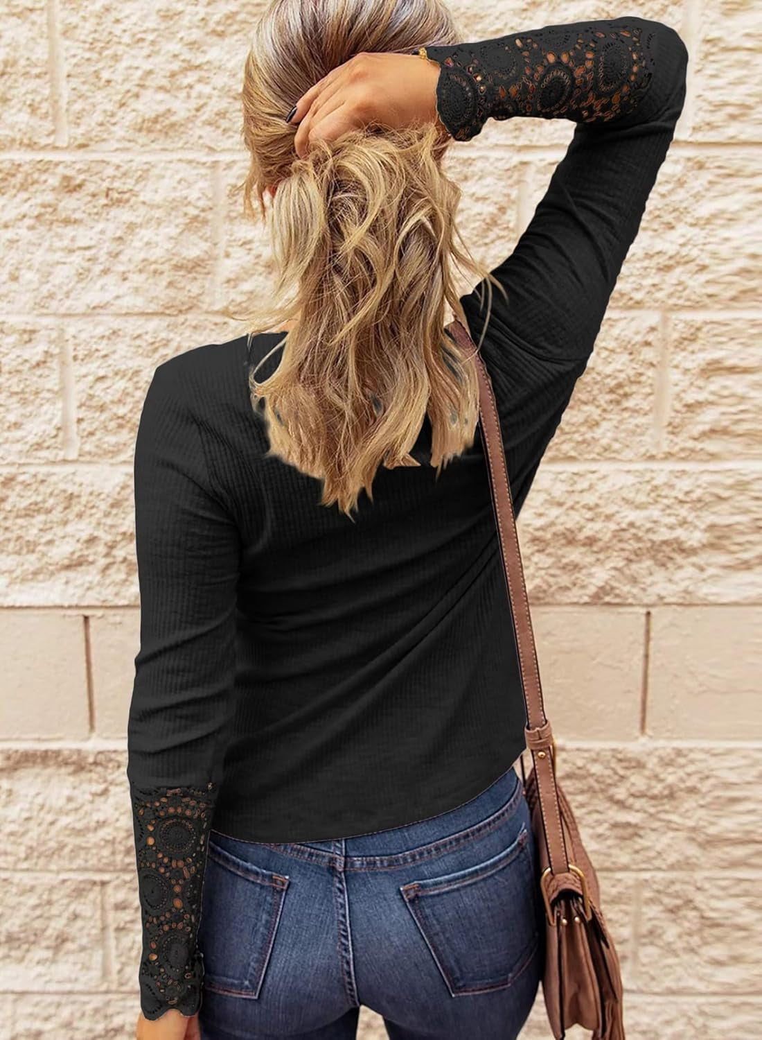 Womens Fall Clothes Long Sleeves Tunic Lace Sleeve V Neck Buttons Shirts Casual Slim Fit Blouses