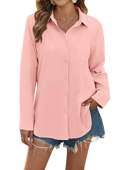 Womens Button down Shirts Lapel Long Sleeve Blouses Business Work Shirt Dressy Casual Collared Tops