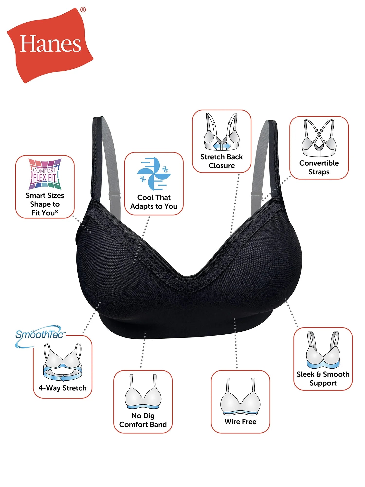 Womens Wireless Bra, Smooth Comfort Full Coverage Bra, Foam Cups, Convertible Bra Straps