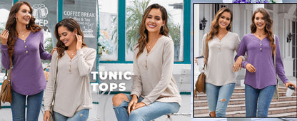 V-Neck T Shirts for Women Casual Long Sleeve Tunic Tops Curve Hem Fall Button Shirts