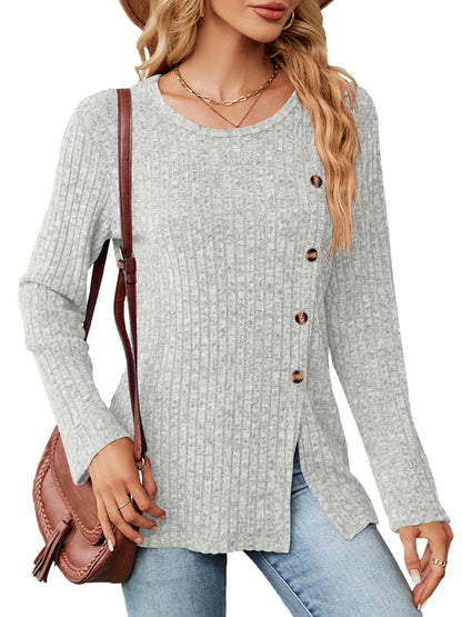 Women Tops plus Size Fall Casual Long Sleeve Knit Tunic Tops Crewneck Side Split Trendy Side Button Shirts for Women Size XXL
